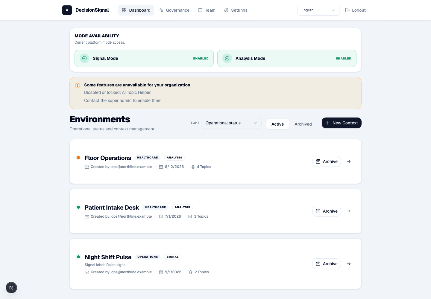 DecisionSignal: Admin environments dashboard