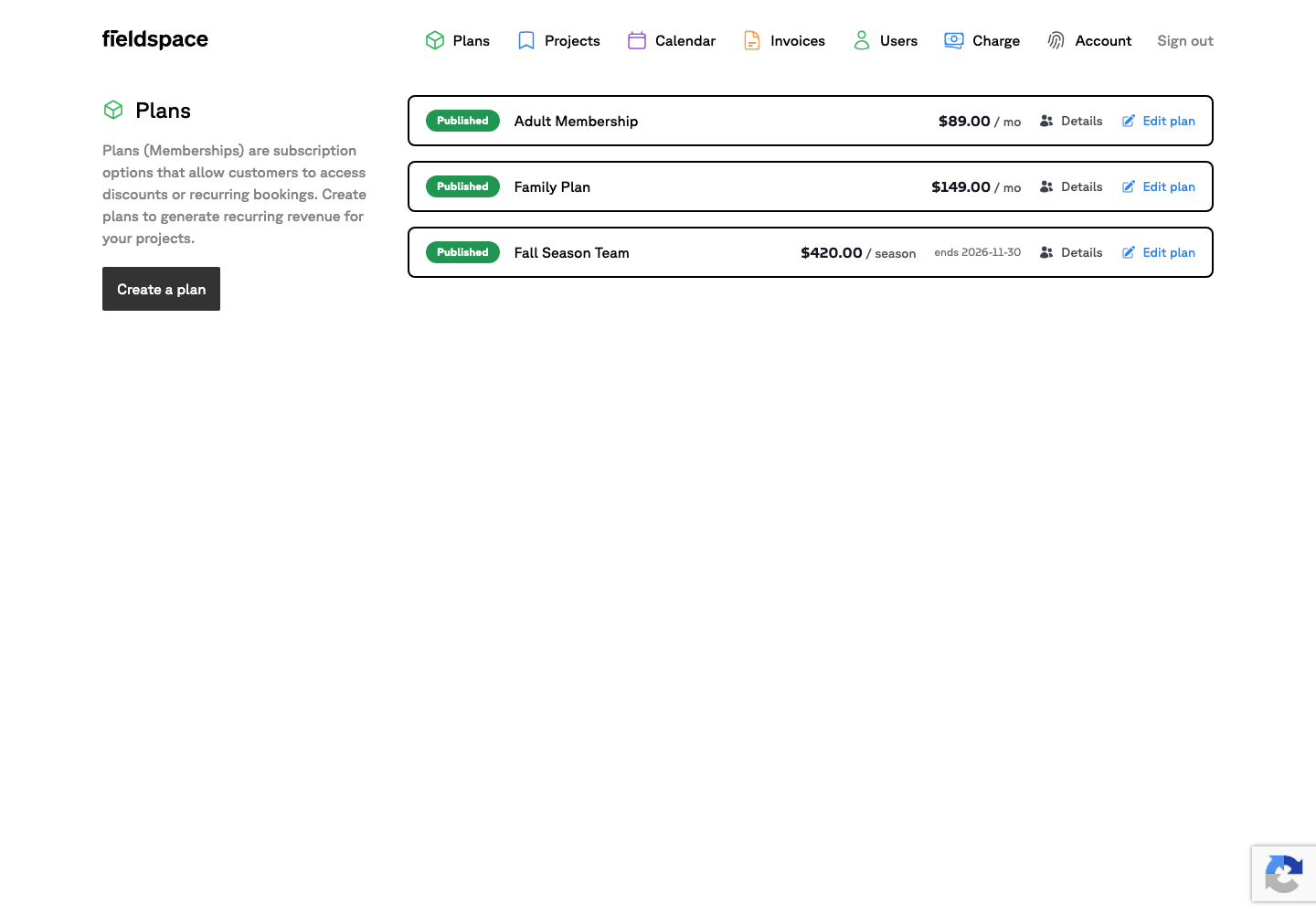 Fieldspace: Membership plans